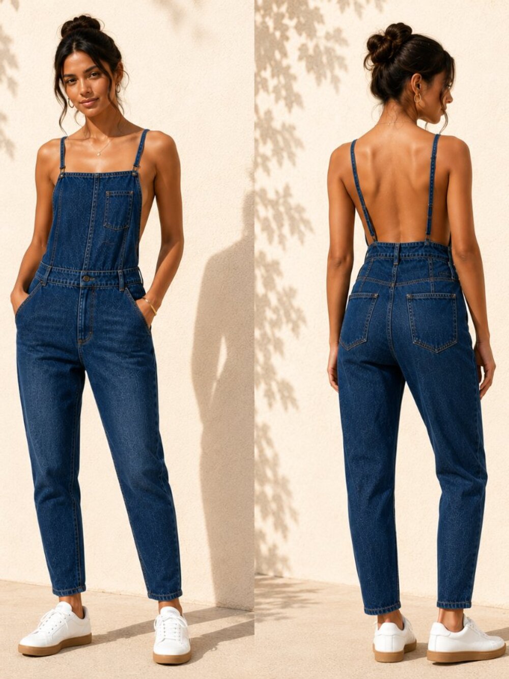 Free People Denim Adjustable Skinny Strap Jumpsuit Front and Back Pockets Sz 0
